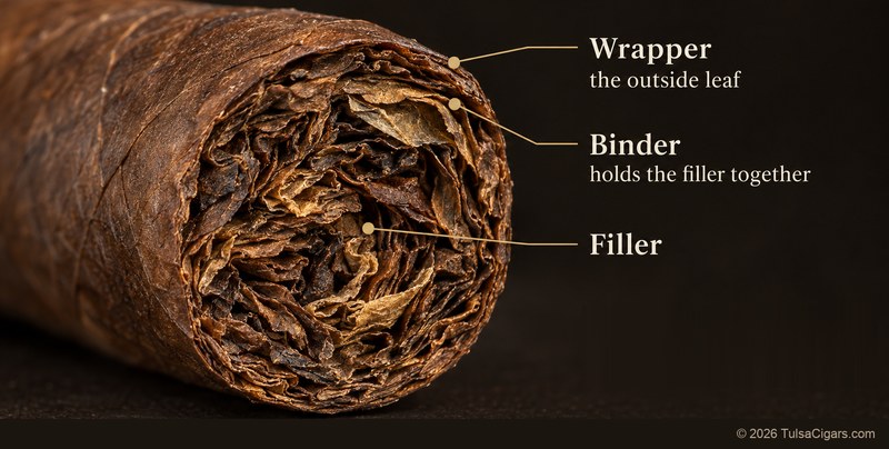 Open foot of a cigar showing irregular folded filler leaves inside the binder and the outer wrapper.