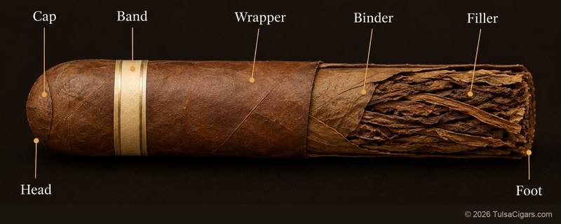 Cigar with the foot end cut away, labeling the cap, head, band, wrapper, binder, long filler leaves, and the open foot.
