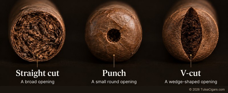 The heads of three cigars, one with a straight cut, one with a small round punch, and one with a V-cut running across the cap.
